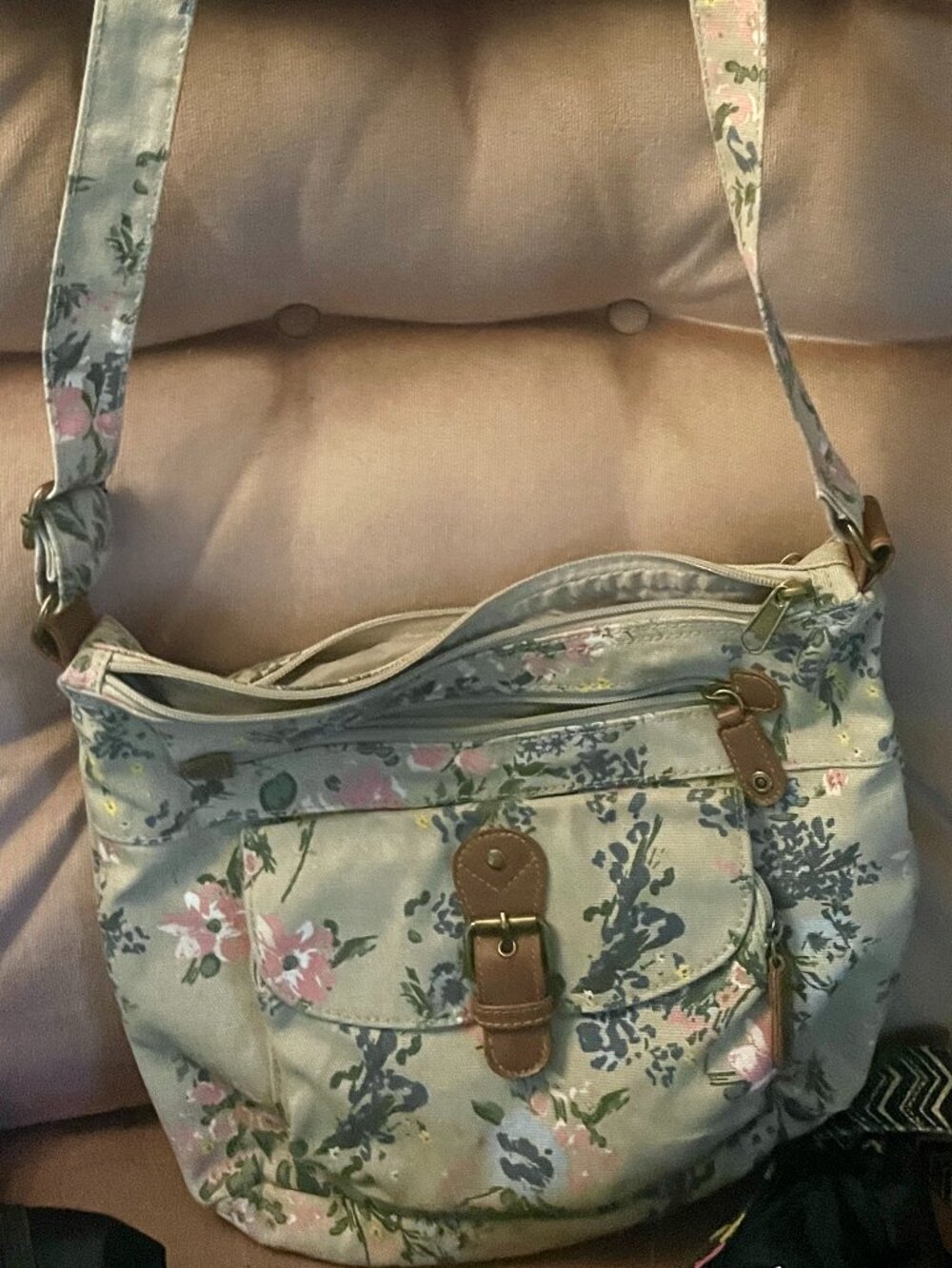 Crossbody purse with pink flowers